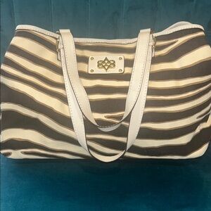 ANTONIO MELANI Brown and Cream Striped Canvas Tote with White Trim
